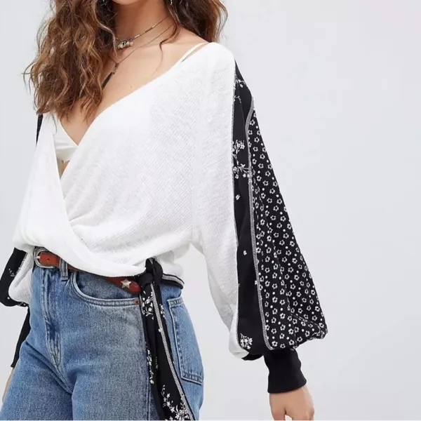 Free People Auxton Thermal Surplice Crossover Front Balloon Sleeves White size L - Image 3