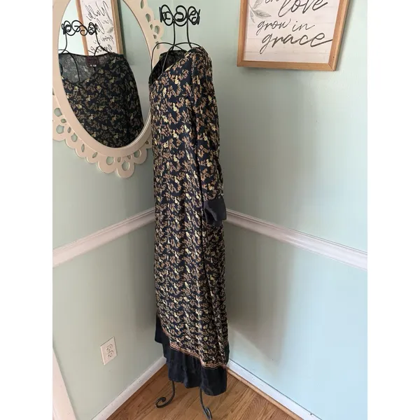 April Cornell For Cornell Trading Black Floral Midi Dress‎ Size Large Vtg Kaftan - Image 2