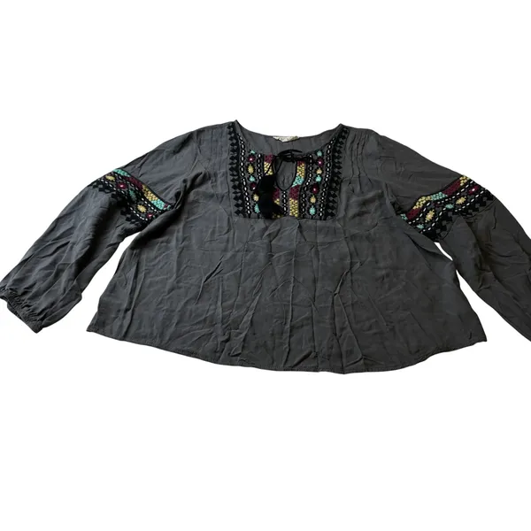 Solitaire Gray Embroidered Peasant Blouse Tassel Tie Long Sleeve Top Large - Image 13