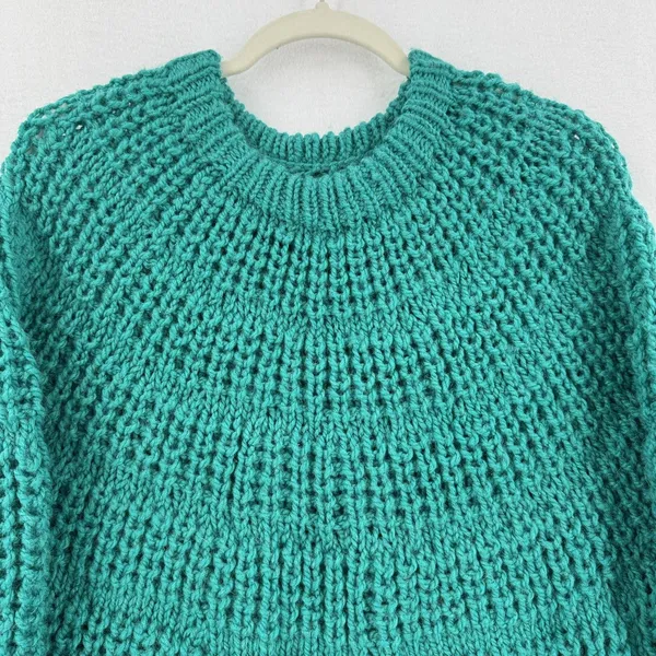 Handmade Chunky Knit Sweater Women XL Teal Turquoise Oversized Balloon Sleeve - Image 3