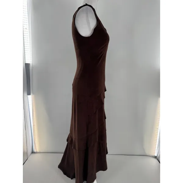 Bebe Vintage Y2K Brown Faux Suede Maxi Dress XS Tiered Ruffle Bodycon Made USA - Image 4