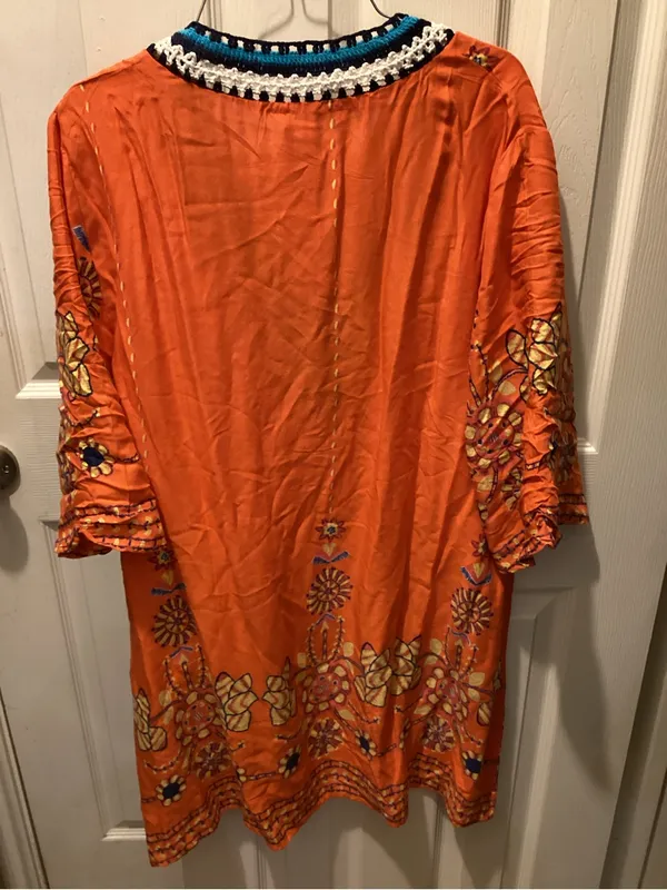Embroidered Orange V-Neck Women’s Dress - Image 5