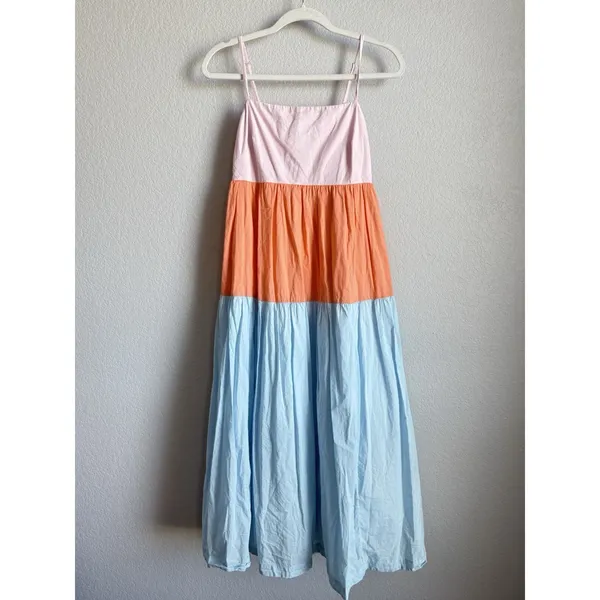 J.Crew Sunset Colorblock Tiered Maxi Sundress Coastal Boho‎ Summer Poplin Size 4 - Image 7