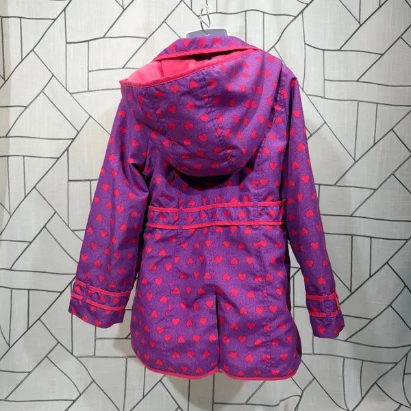 London Fog Trench Coat‎ 6X Purple Red Heart Print Hooded Fleece Lined Jacket - Image 2