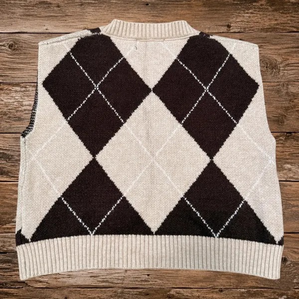 Preppy Argyle Sweater Vest Dark Academia V Neck Knit Cider Small - Image 3