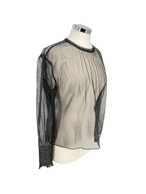 Zara Goth Romantic Sheer Black Polka Dot Long Sleeve Blouse Size Medium - Image 3