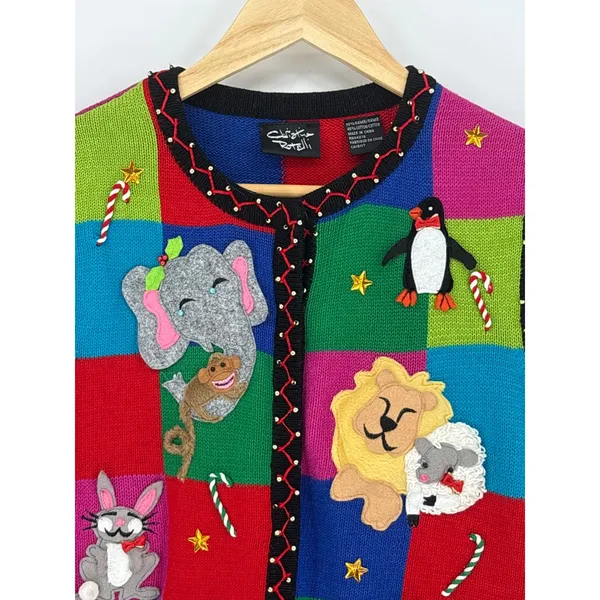 Vintage Christine Rotelli Christmas‎ Safari Animal Patchwork Knit Sweater Vest - Image 6