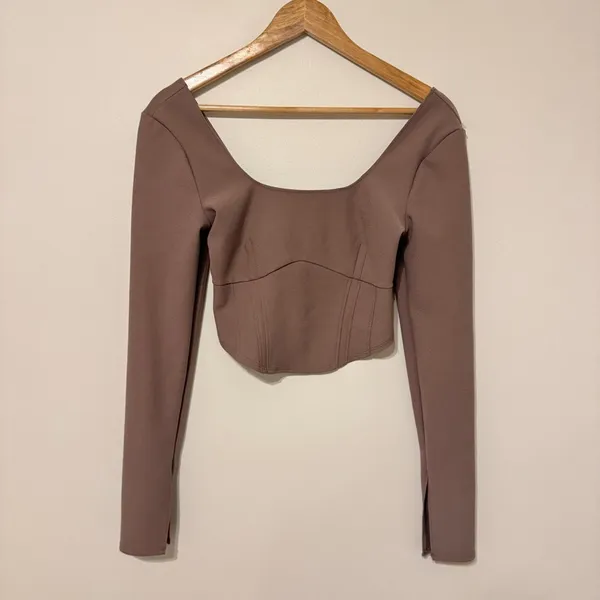 Abercrombie & Fitch Long Sleeved Corset Scoopneck Top Size Small Brown Contour - Image 2