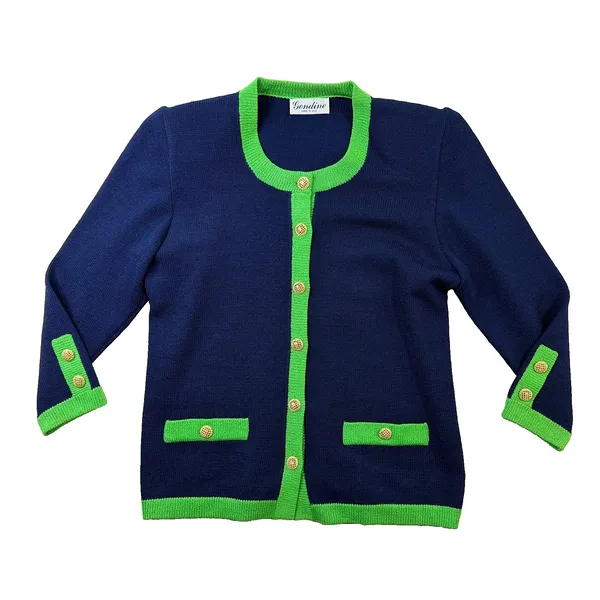 Vintage Gondine 2 Pc Knit Cardigan Pants Set Navy Green Shoulder Pads EUC - Image 2