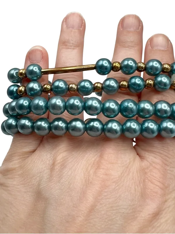 Red, Blue & Green Chunky Faux Pearl Necklace & Bracelet Jewelry Lot - Image 3