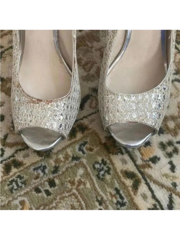 Audrey Brooke Silver Metallic Peep Toe Platform Heel Cocktail Wedding Prom - Image 2