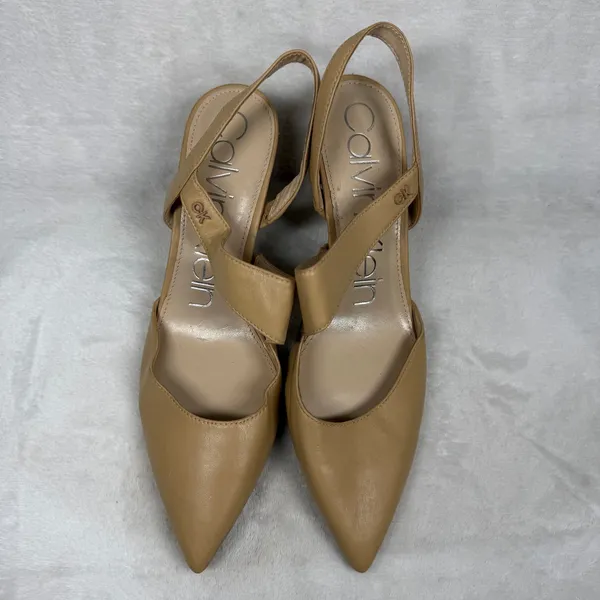 Calvin Klein Tan Leather Pointed Toe Slingback Asymmetrical Strap Heels 9.5‎ - Image 3