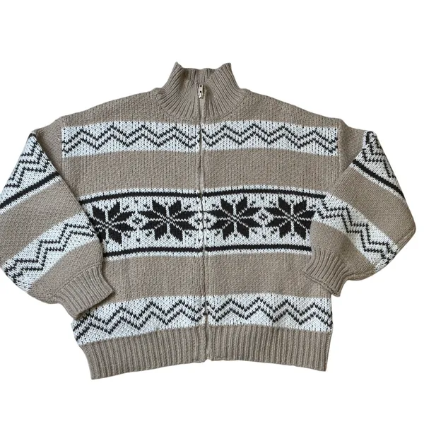 Le Lis Collection Womens Fair Isle Quarter Zip Sweater Tan‎ Brown Nordic M - Image 12