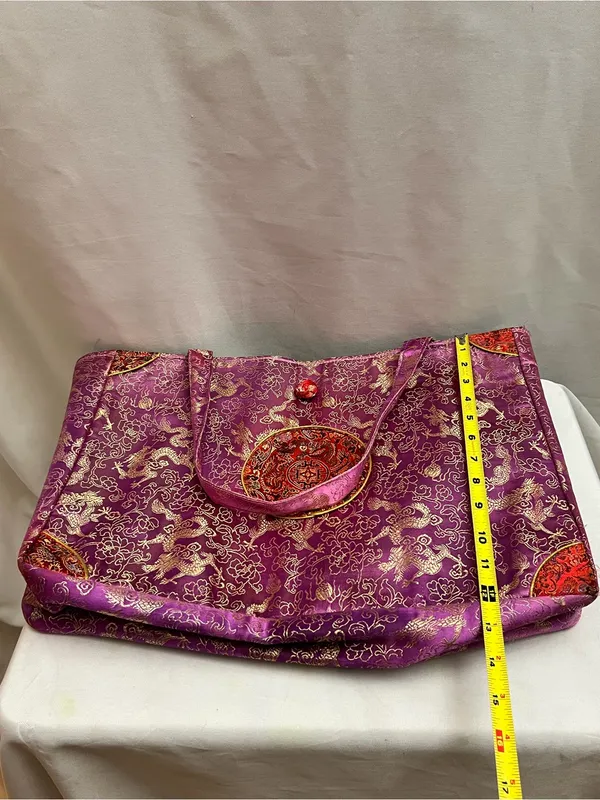 Vintage Chinese Brocade Dragon Tote Bag Purple Gold Asian Shoulder Purse - Image 7