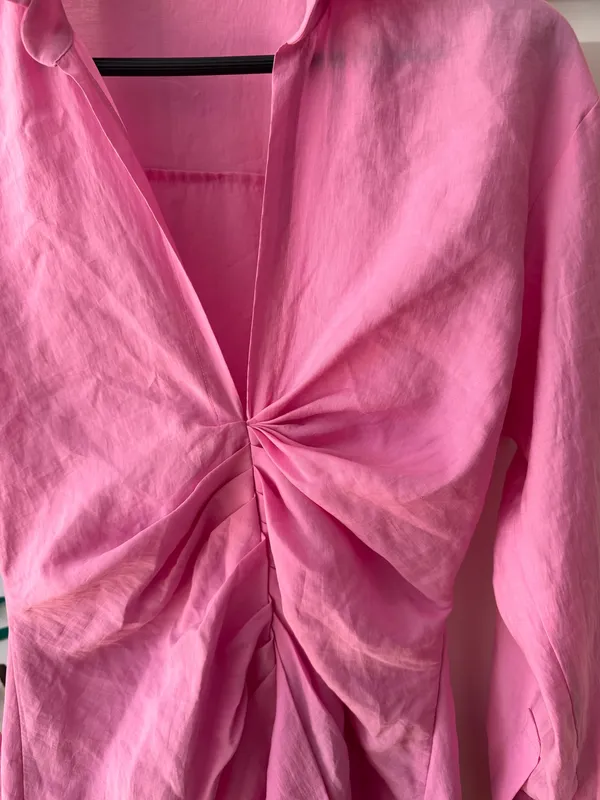 Zara Barbie Pink Draped Long Sleeve Dress Deep Vneck Collared M - Image 6