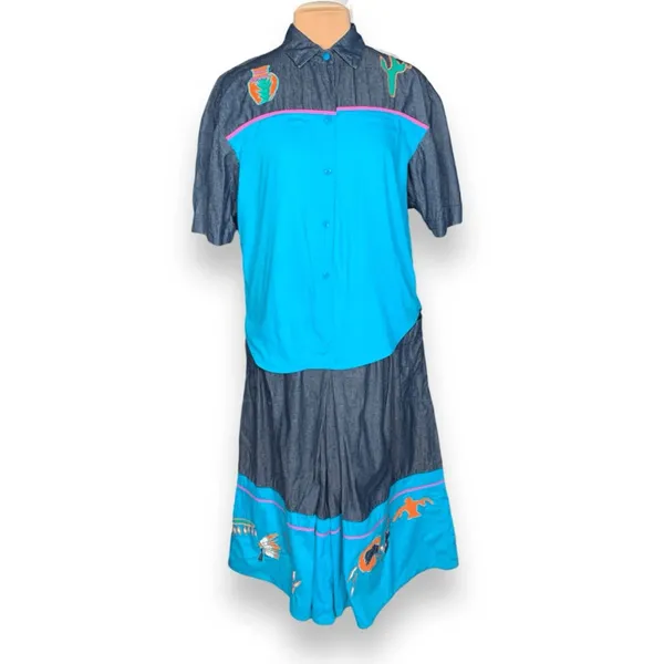 Vintage 90s Southwestern Appliqué Denim Button‎ Up Shirt Gaucho Pants Set Medium - Image 2
