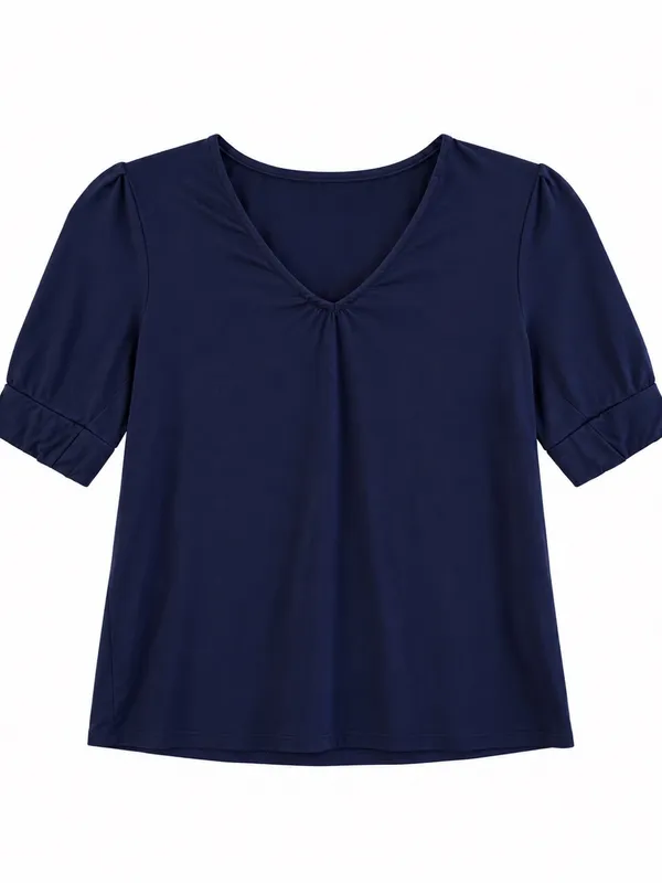 Sojourn Womens Small Petite Navy Blue V Neck Puff Sleeve Knit Top Made USA - Image 2