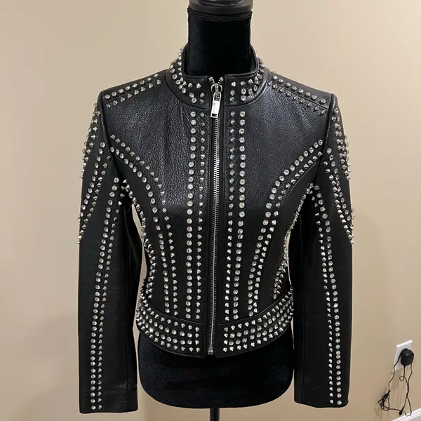 Genuine Leather Studded Crop Jacket Coat Blazer Cardigan Parka Slim Rhinestones - Image 3