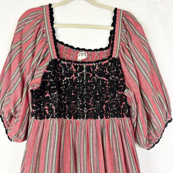 Sister Mary Sierra Dress Size Large Cotton Stripe Embroidered Smocked Boho Red - Image 5