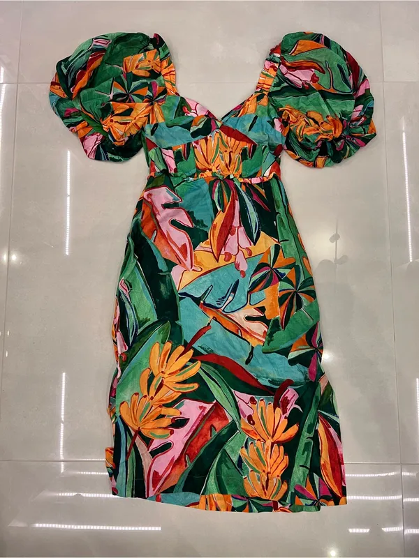 Farm Rio Puff-Sleeve Midi Dress Banana Leaf - Image 8