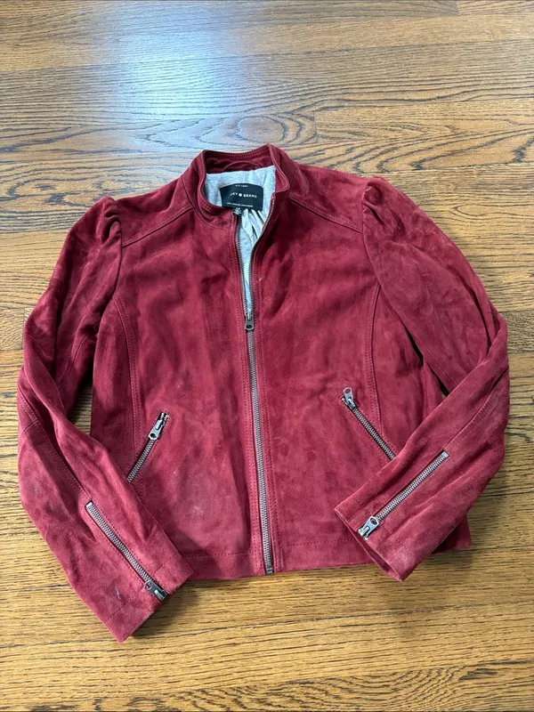 Lucky Brand Red Suede Zip-Front Moto Jacket, 100% goat leather, small - Image 2