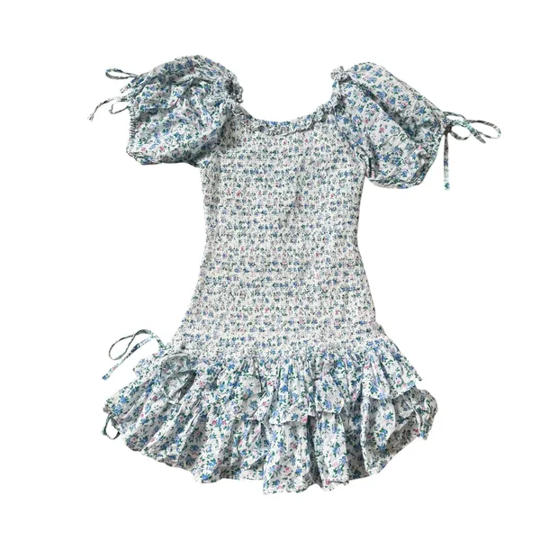 LoveShackFancy Violet Smocked Mini Dress Blue Floral - Image 3