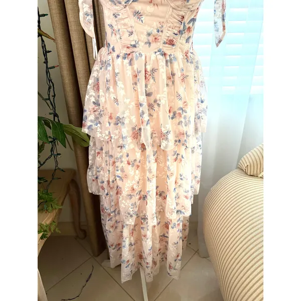 Lulus Flirtatious Radiance Blush Pink Floral Mesh Bustier Midi Dress - Image 6