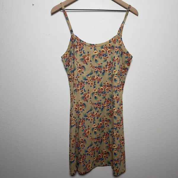 VTG 90s y2k No Boundaries Women Indie Grunge Mini‎ Skater Dress Large Tan Floral - Image 2