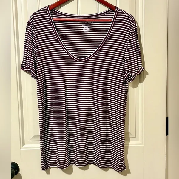 American Eagle Maroon/White Striped Soft & Sexy T-Shirt - Image 2