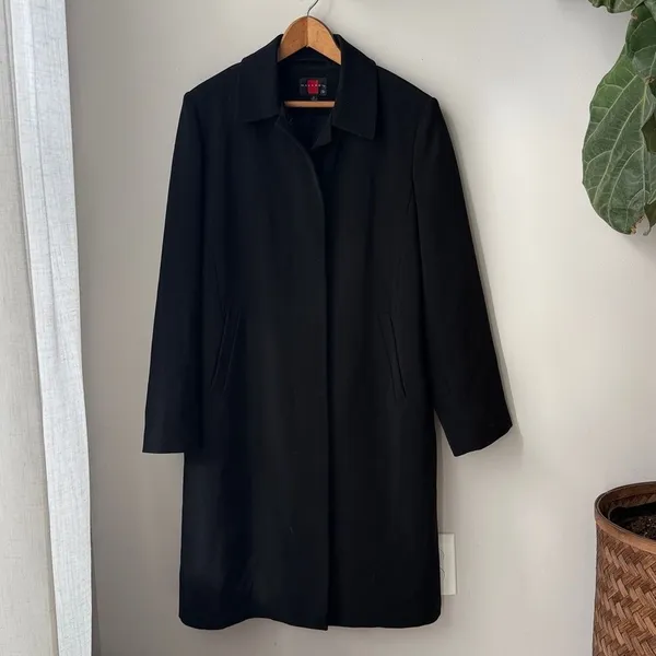 Gallery Vintage Long Black Fleece Lined Y2K Trench Overcoat - Image 2