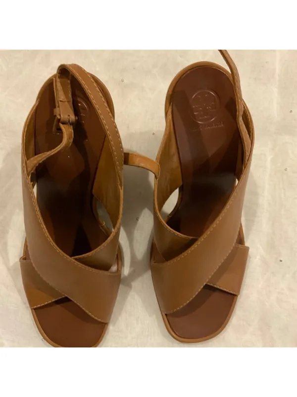 New without box Tory Burch brown wedge sandals Royal Crisscross Leather SZ7 - Image 2