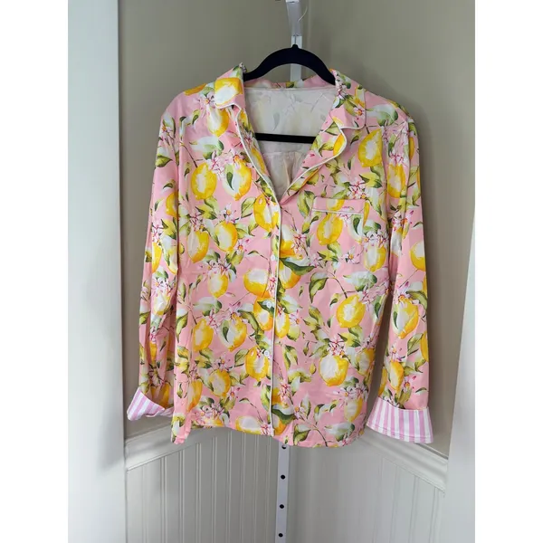 Pink Lemon Print Pajama Set Button Down Long Sleeve Pants Small - Image 3