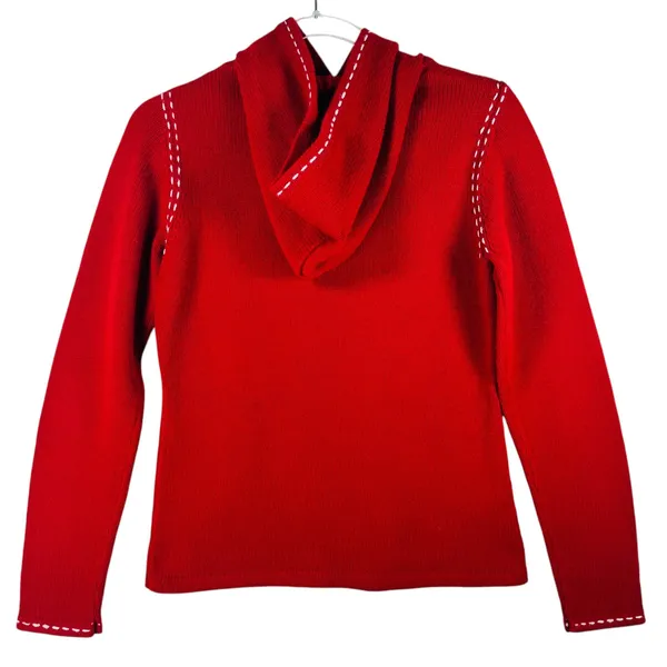 Ann Taylor LOFT Hoodie Sweater Knit Pullover‎ Red White Stitch Small Cottagecore - Image 2