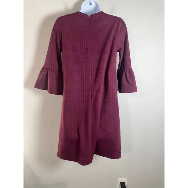 Banana Republic Women XS Burgundy Textured Plaid Bell Sleeve Shift Dress‎ 359076 - Image 6