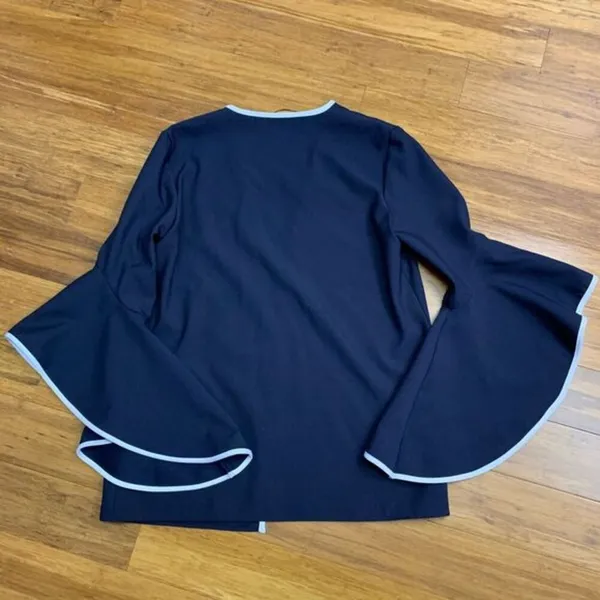 Zara Basic Top Womens Small Navy Bell Sleeve Cardigan White Trim Open Front Work Blue - Image 3