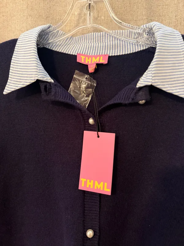 THML NWT Navy Cardigan Sweater with Striped Collar & Cuffs | S - Image 2