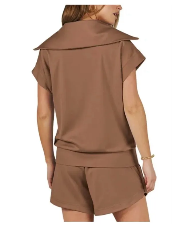 NEW 2 Piece Set Half Zip Lapel Collar Lounge Set Cap Sleeve Shorts Pockets S - Image 2