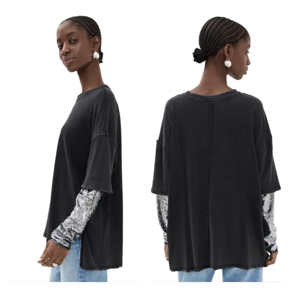 Free People Nellie Sequin Twofer‎ top Womens M black and silver oversized Grunge - Image 3