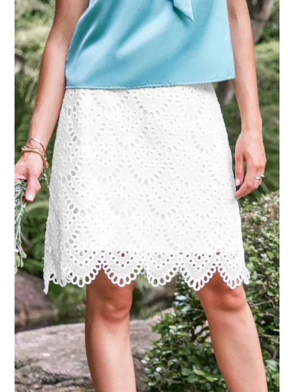 NWT Cupshe White Cutout Scalloped Hem Midi Skirt - Size: Large - Image 7