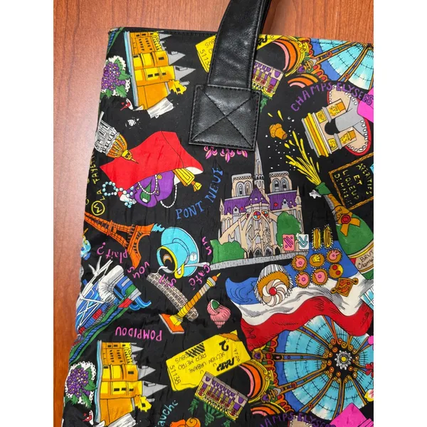 VTG 1991 Nicole Miller Paris France French‎ Themed 100% Silk Tote Bag Leather - Image 5