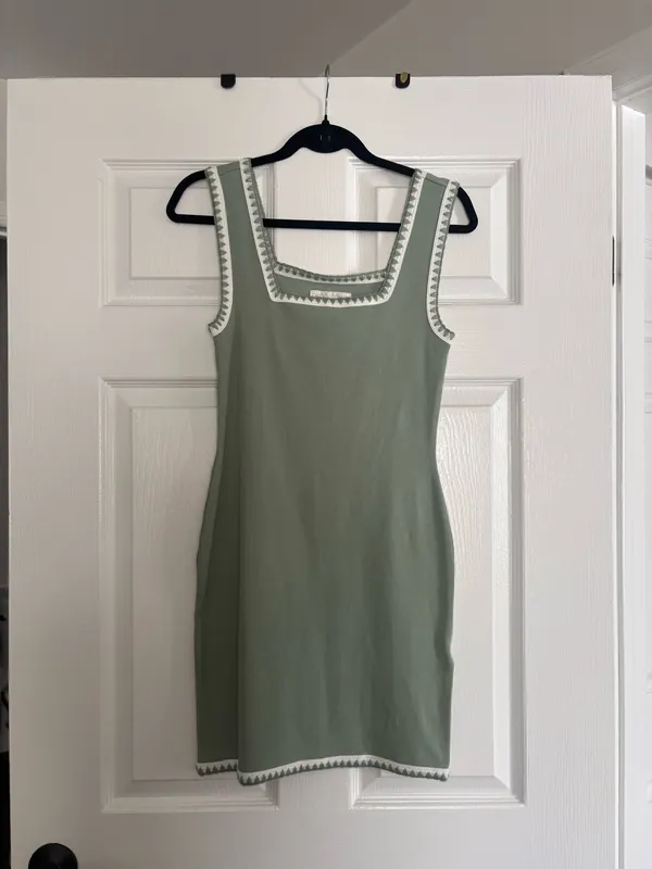 Caroline Constas Square Neck Mini Knit Dress in Sage with Contrast Trim - Image 2