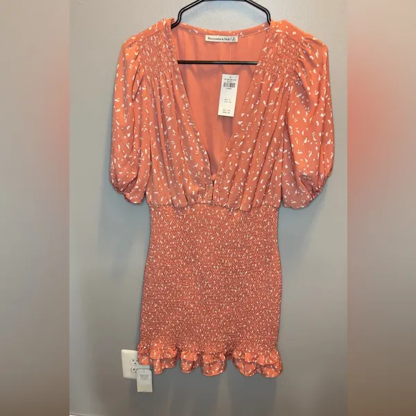 Abercrombie & Fitch‎ NEW Smocked Waist Mini Dress in Coral Pattern Size XL - Image 3