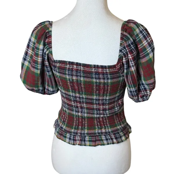 American Eagle Womens Plaid Square Neck Smocked Crop Top Small Holiday‎ Heritage - Image 7