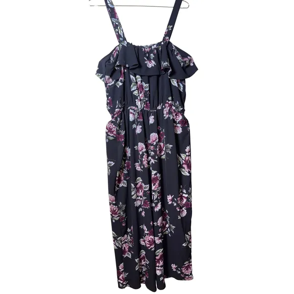 No Boundaries Floral Ruffle Cold Shoulder Jumpsuit XL 15-17 Black Pink Wide Leg - Image 4