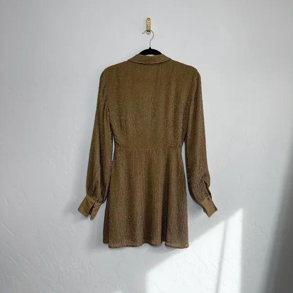 LPA | Beaded 61 V-Neck Mini Dress in Army Taupe Tan‎ size Small - Image 4