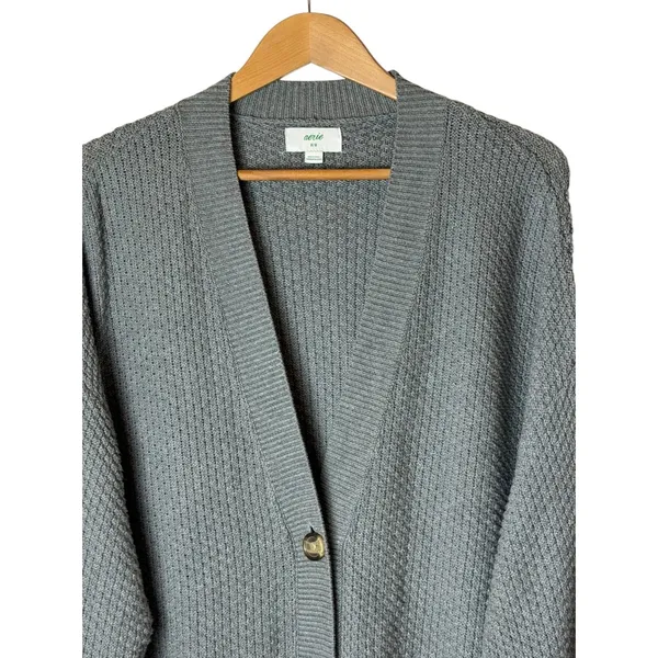 Aerie Varsity Sweater Women Medium Grey Cotton Waffle Knit Button Front Cardigan - Image 4