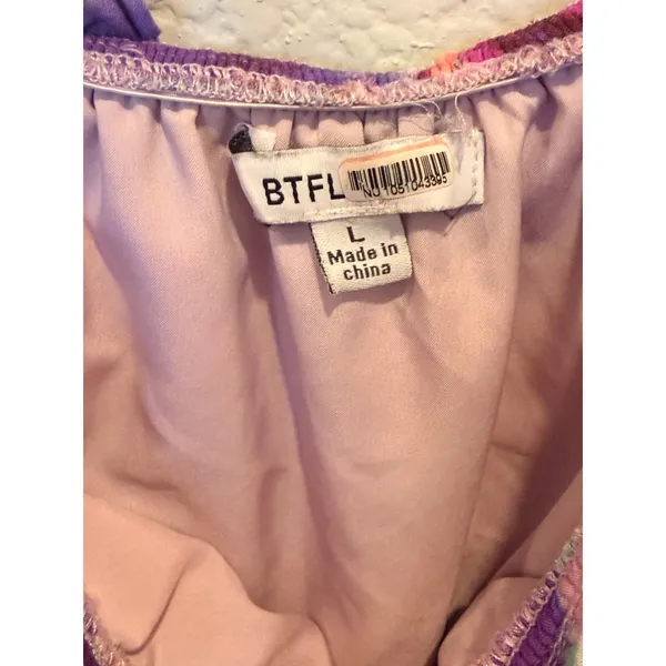 BTFL-Life Off-the-Shoulder Floral Mini Dress Purple Pink Ruffle Smocked Large - Image 5