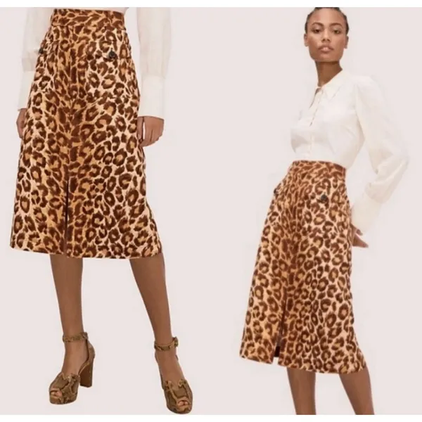 Kate Spade Panthera Canvas Midi Skirt Pockets‎ Linen Cotton Giraffe Print $228 - Image 2