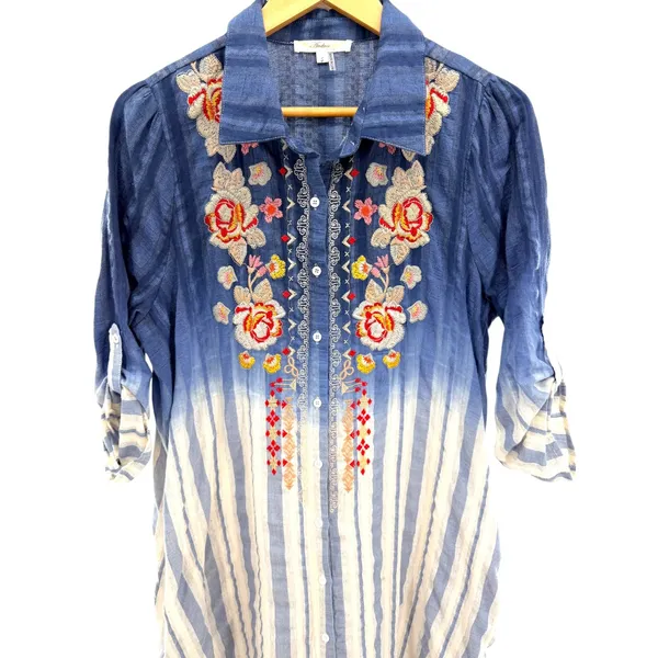 Andree by UNIT Blue Ombre Striped‎ Floral Embroidered Cotton Tunic Dress Small - Image 2