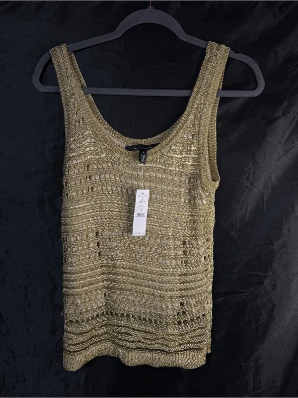 White House | Black Market NWT Metallic Gold Crochet Tank Top - Sleeveless Knit - Image 2